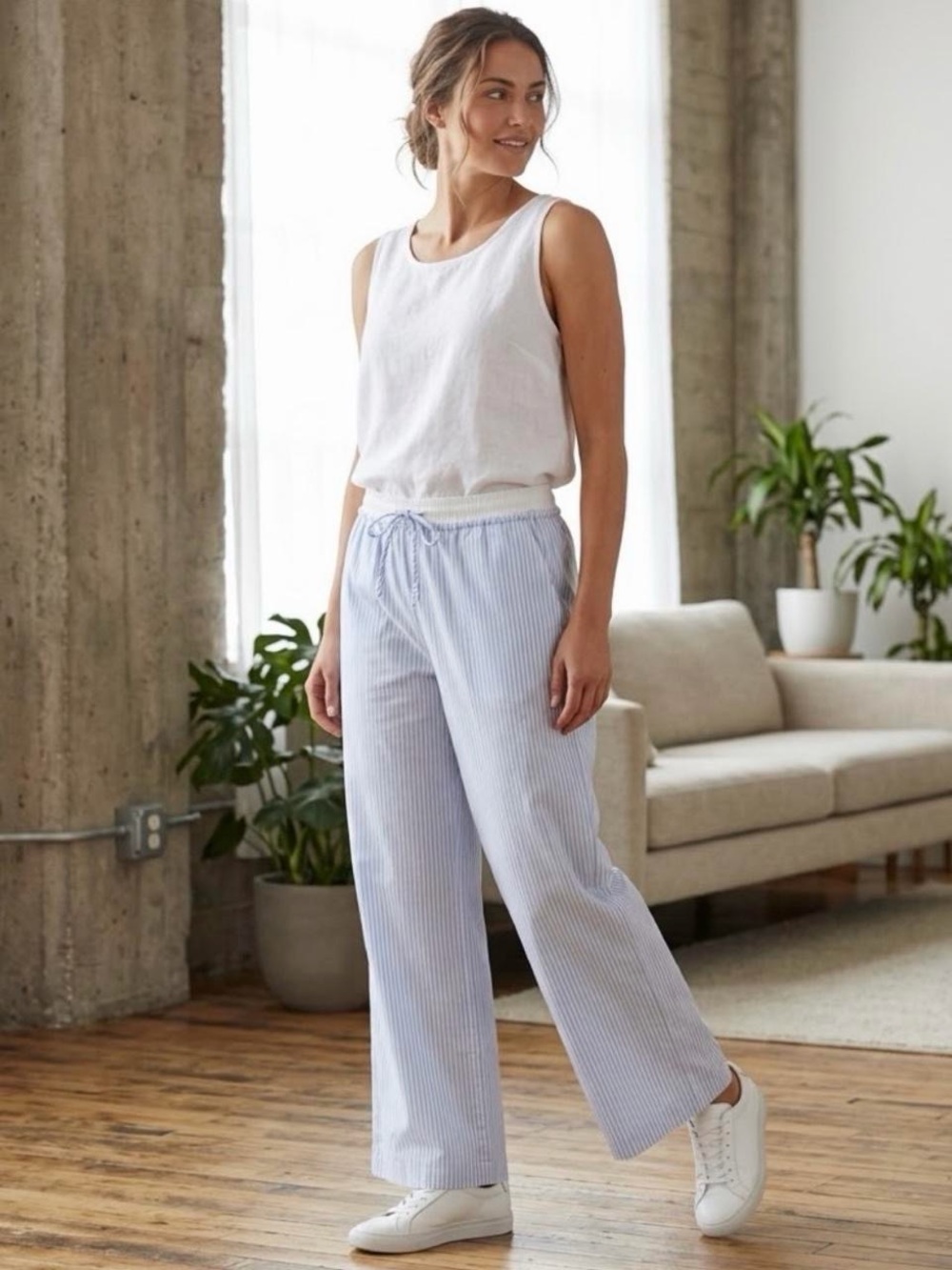 Nordstrom Light Blue Striped Drawcord Wide-Leg Pants - Women